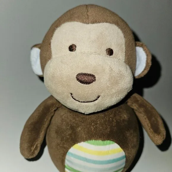 Carter's Monkey Plush Weighted Rattle Chime Wobble Blue Ears Yellow Stripes 2015